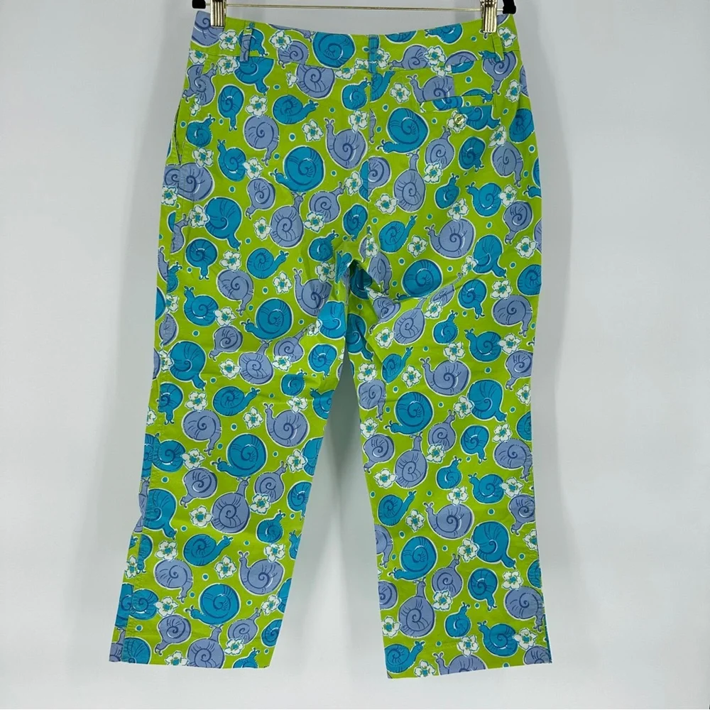 Lilly Pulitzer Green Blue Snail Floral‎ Print Cropped Pants Womens Size 10